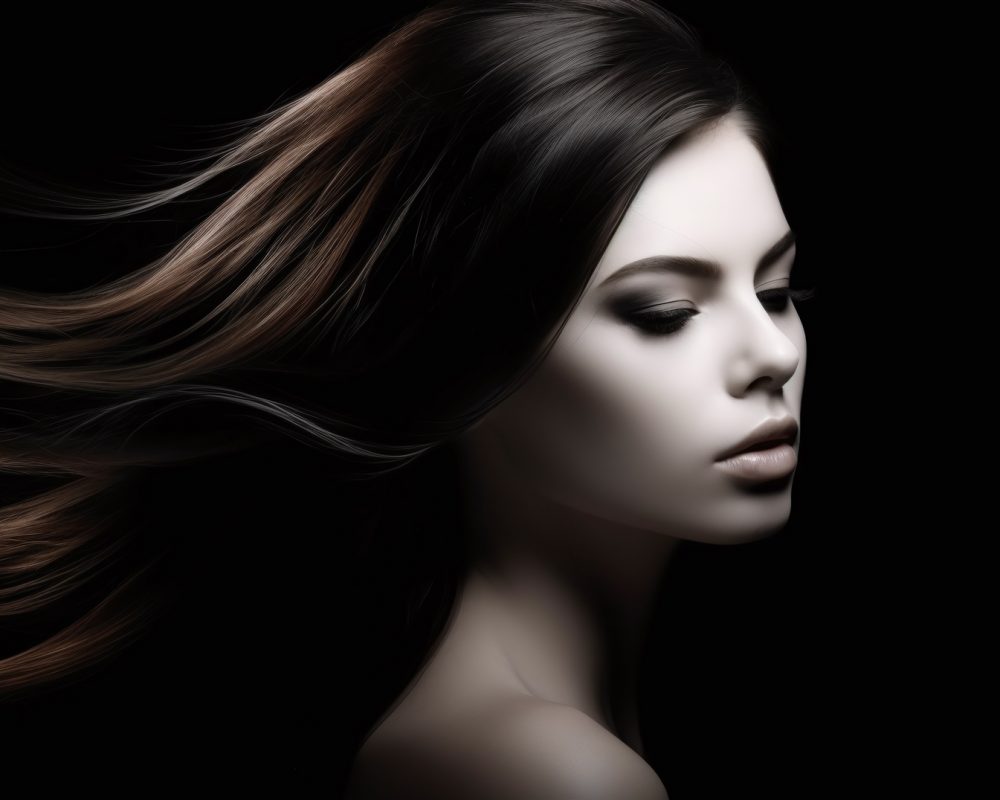 Romantic gentle brunette woman with waving hairstyle isolated on black background coiffure advertising illustration. Generative Ai. Sensual female healthy skin hair gray shadow beauty marketing